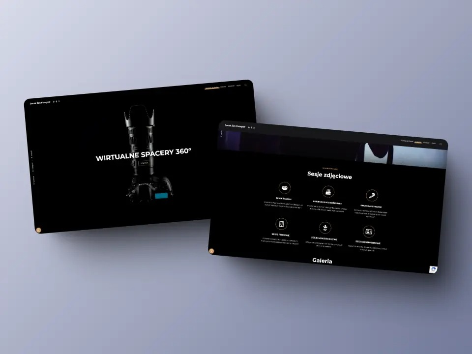 Dwa ekrany laptopów prezentujące strony internetowe z ciemnym motywem: jeden z tekstem 'Wirtualne spacery 360°' i zdjęciem aparatu, drugi z nagłówkiem 'Sesje zdjęciowe' i listą ikon z opisami usług...