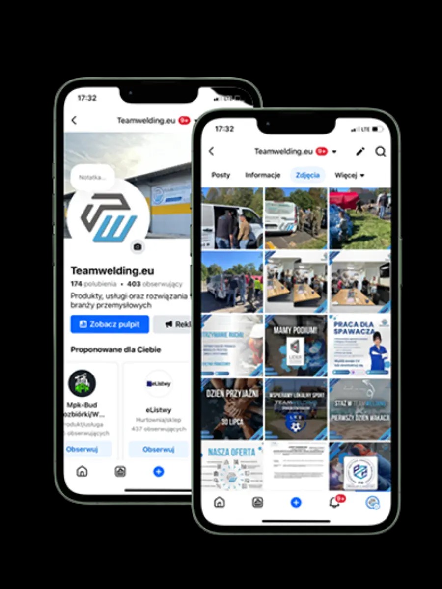 Dwa ekrany smartfonów prezentujące profil firmy Teamwelding.eu w mediach społecznościowych, z widocznymi postami, zdjęciami i informacjami o firmie.
