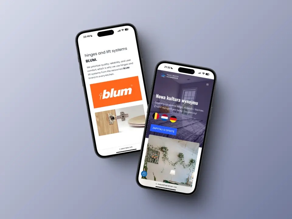 Dwa telefony z wyświetlonymi stronami internetowymi: jeden prezentuje ofertę zawiasów i systemów podnoszenia Blum, drugi stronę firmy oferującej wynajem w Belgii, Holandii i Niemczech.