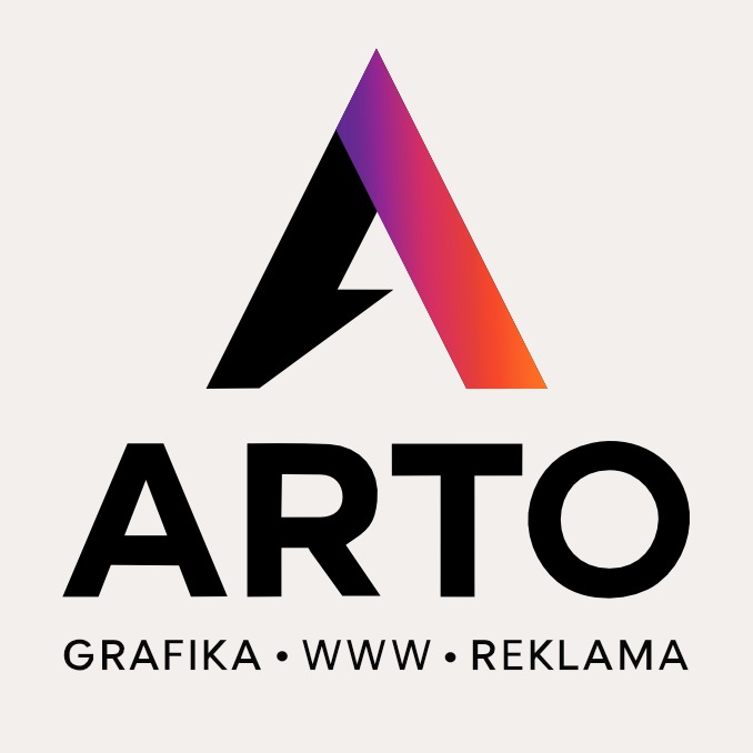 Logo firmy ARTO z gradientowym symbolem trójkąta i napisem GRAFIKA • WWW • REKLAMA.