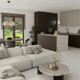 Nowoczesne wnętrze: otwarta kuchnia z wyspą, jadalnia z okrągłym stołem i salon z modułową sofą w jasnych barwach. Minimalistyczny design, drewniane akcenty i naturalne światło.