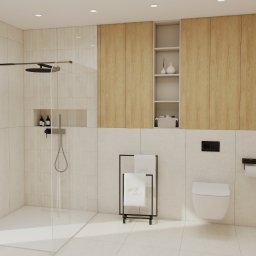 invero studio - Jasna łazienka z kabiną typu walk-in, drewnianymi szafkami i minimalistyczną toaletą. Uwagę zwraca czarny, nowoczesny zestaw prysznicowy i grzejnik na ręczniki.