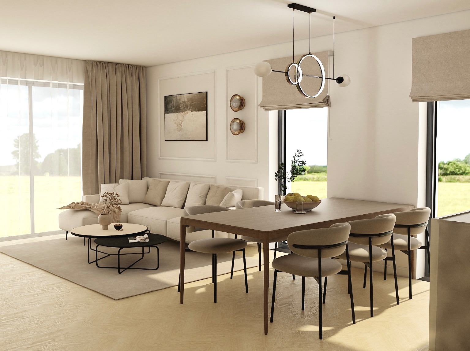 Jasne wnętrze: sofa, stół z krzesłami, okna z widokiem na zewnątrz. Minimalistyczny design, neutralna kolorystyka. Lampa wisząca nad stołem. Elementy dekoracyjne.