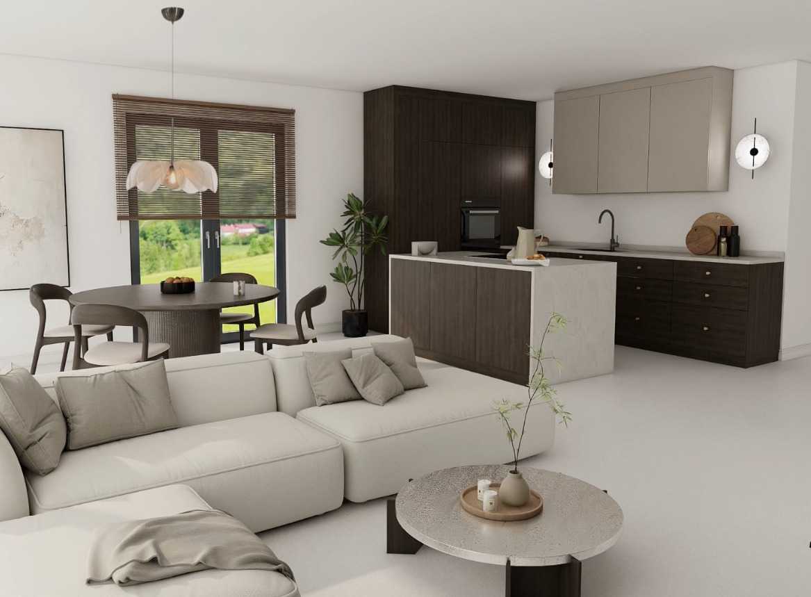 Nowoczesne wnętrze: otwarta kuchnia z wyspą, jadalnia z okrągłym stołem i salon z modułową sofą w jasnych barwach. Minimalistyczny design, drewniane akcenty i naturalne światło.