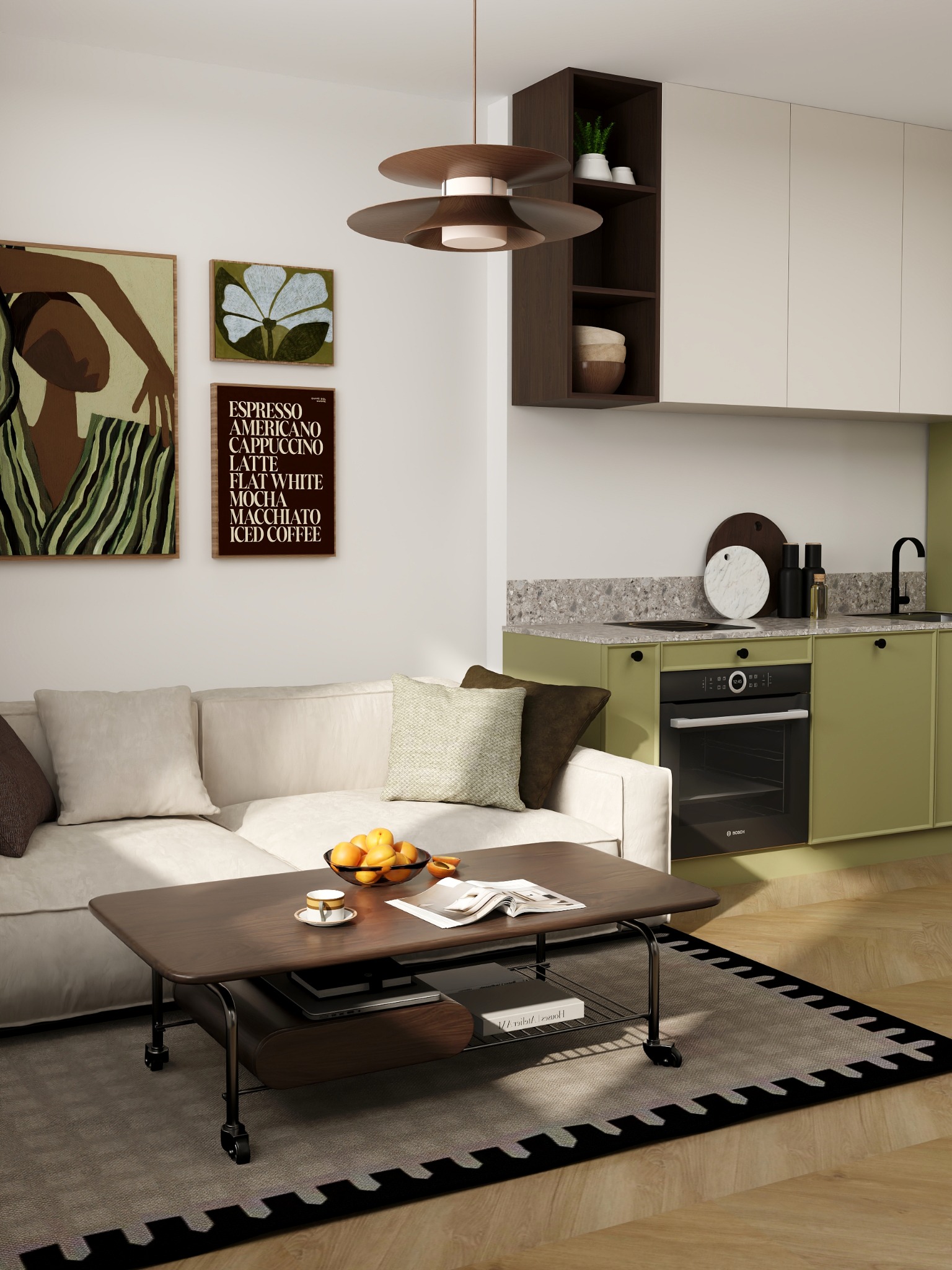 Stylowe wnętrze: jasna sofa z poduszkami, stolik kawowy z owocami, zielona zabudowa kuchenna z piekarnikiem i minimalistyczne dekoracje ścienne.