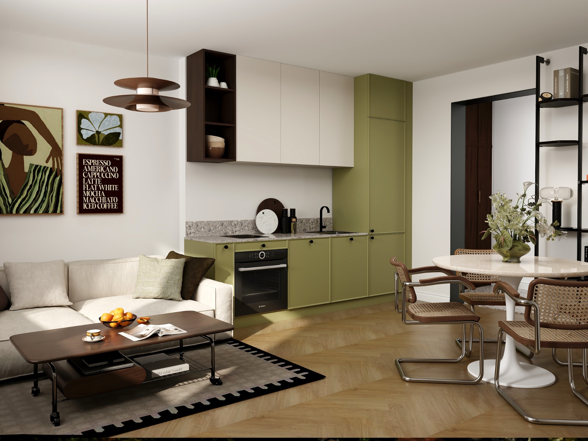 Nowoczesne wnętrze: oliwkowa kuchnia z beżowymi szafkami, stół z kwiatami, sofa z poduszkami, grafiki na ścianie. Parkiet w jodełkę. Całość w ciepłej tonacji.