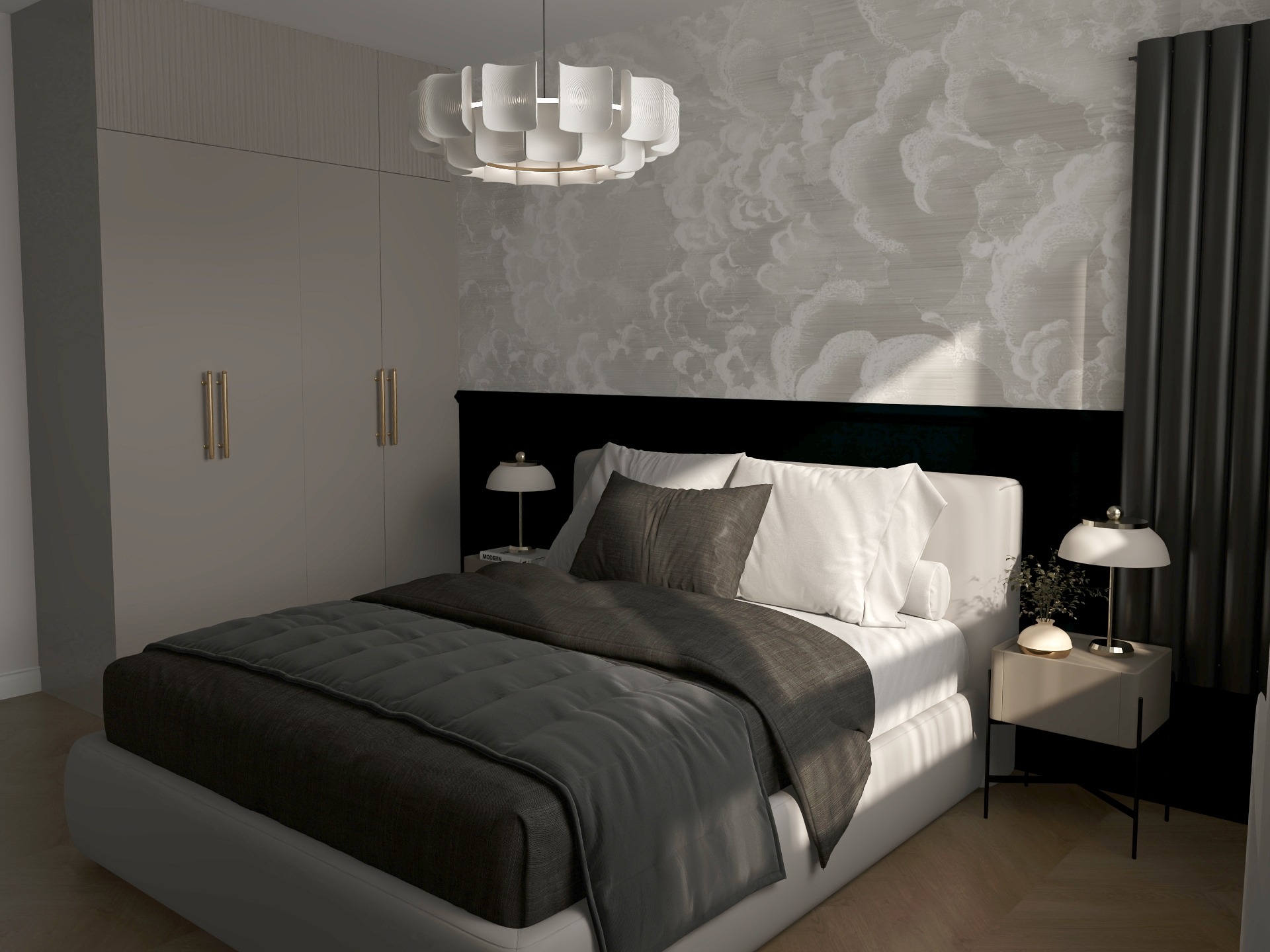 Stylowa sypialnia w Dachowej z szafą na wymiar, tapetą w chmury i designerską lampą. Czarno-biała kolorystyka, minimalistyczny design, złote uchwyty szafy.