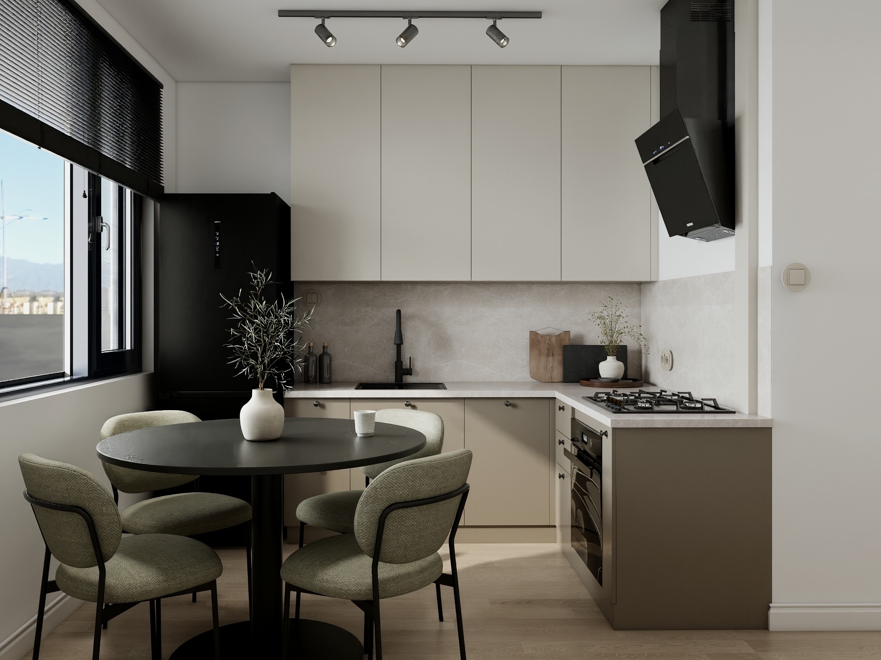 Stylowa, beżowo-szara kuchnia z czarnymi akcentami: okap, lodówka, armatura. Okrągły stół z krzesłami. Minimalistyczny design, oświetlenie punktowe, drewniana podłoga.