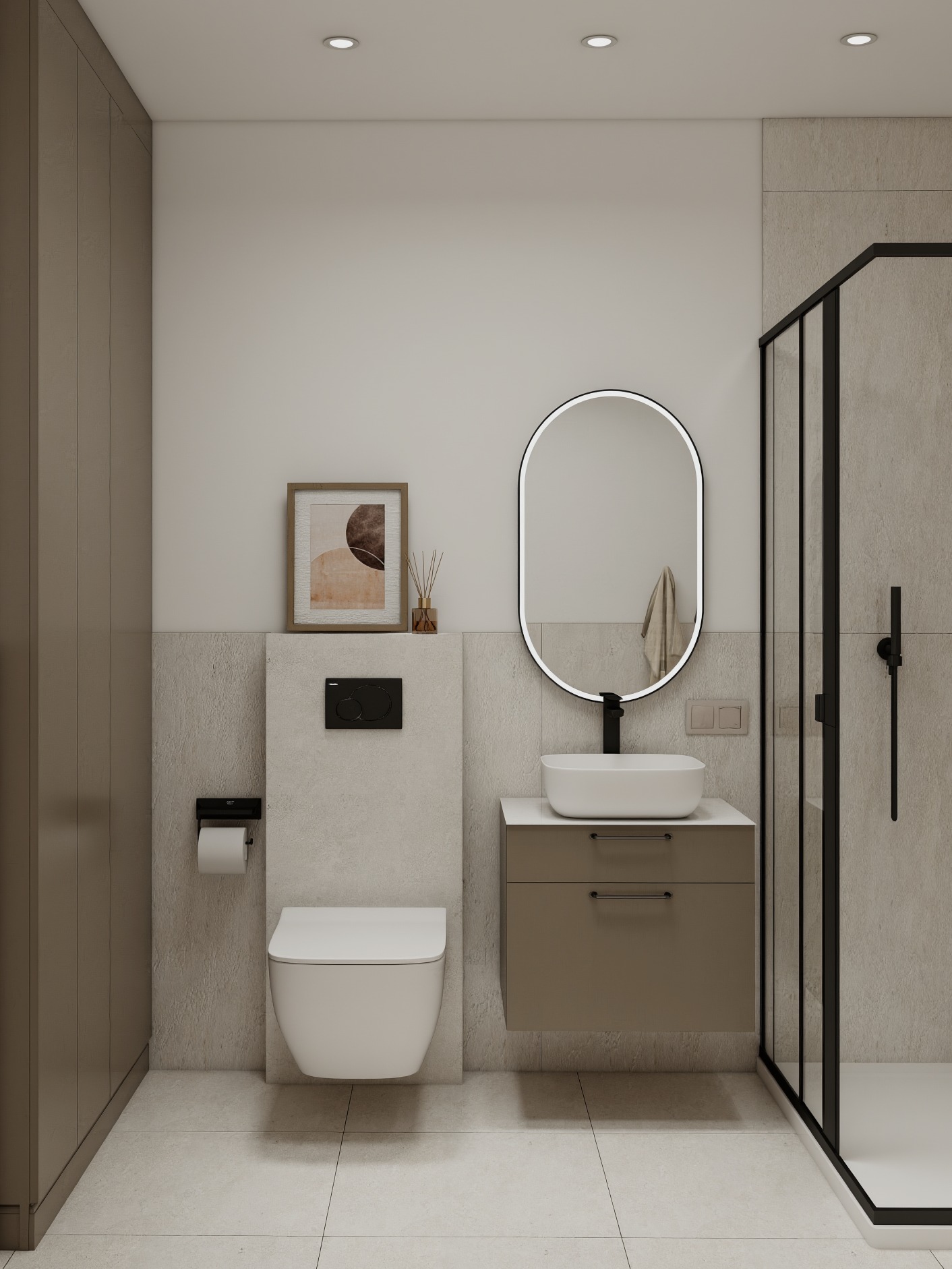 Nowoczesna łazienka w beżach: podwieszana toaleta, umywalka z szafką, owalne lustro z podświetleniem i kabina prysznicowa z czarnymi ramami. Minimalistyczny design.