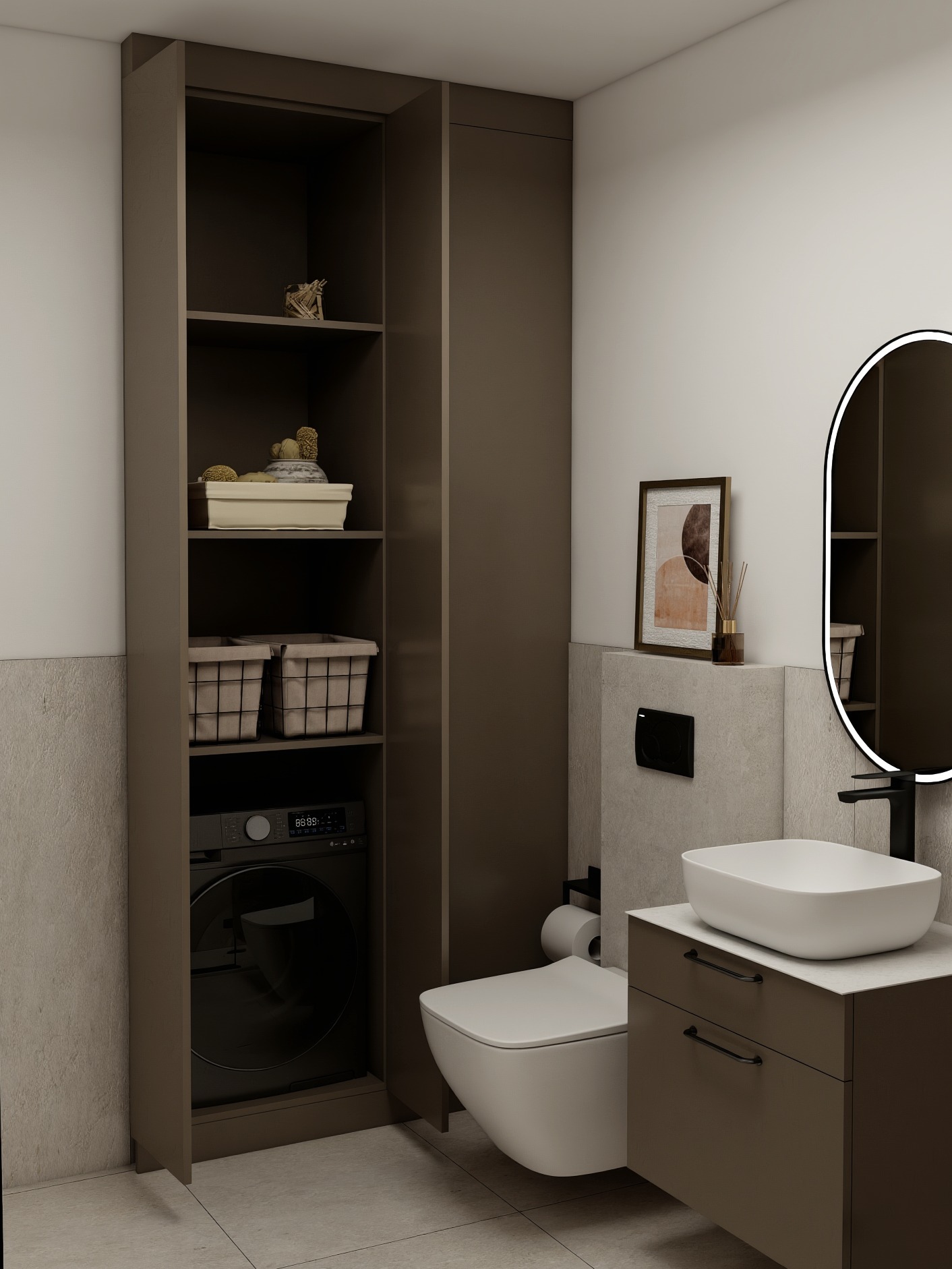 Nowoczesna łazienka w odcieniach brązu i bieli. Umywalka nablatowa, toaleta, pralka w zabudowie i półki. Minimalistyczny design, oświetlone lustro i dekoracje.
