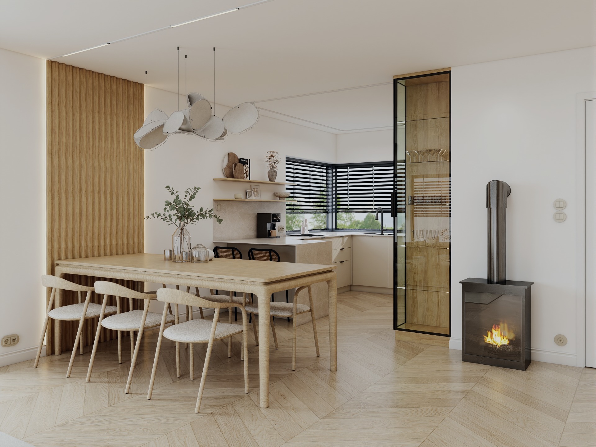 Jasna jadalnia z drewnianym stołem i krzesłami, parkiet w jodełkę, przeszklona witryna i kominek. Nowoczesne oświetlenie i minimalistyczny design.
