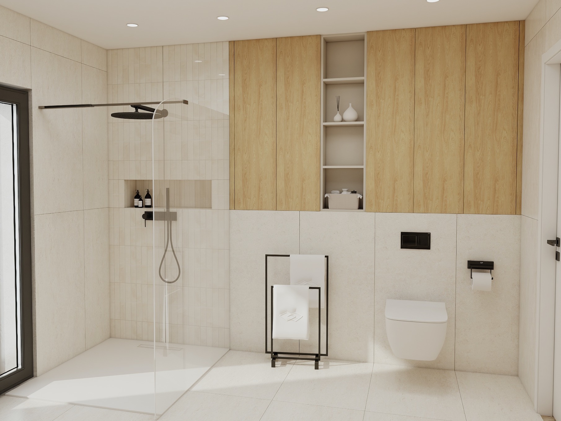 Jasna łazienka z kabiną typu walk-in, drewnianymi szafkami i minimalistyczną toaletą. Uwagę zwraca czarny, nowoczesny zestaw prysznicowy i grzejnik na ręczniki.
