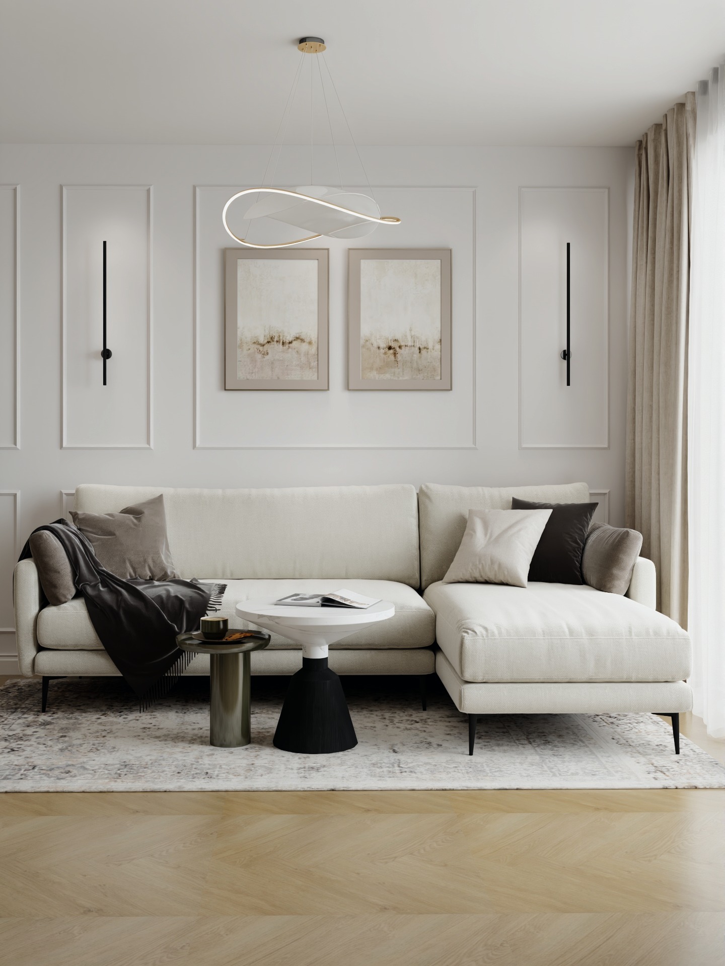 Jasny salon z narożną sofą, stolikiem kawowym i abstrakcyjnymi obrazami. Minimalistyczne oświetlenie i drewniana podłoga dodają elegancji.