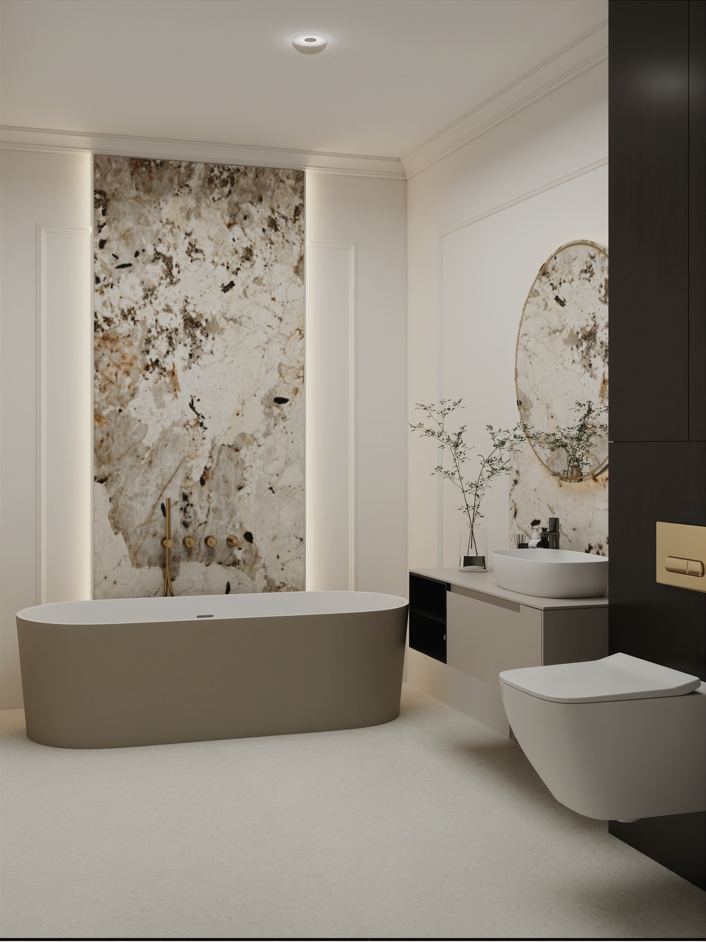 Elegancka łazienka z wolnostojącą wanną w odcieniach beżu i brązu, akcentowana marmurową ścianą z podświetleniem LED i okrągłym lustrem.