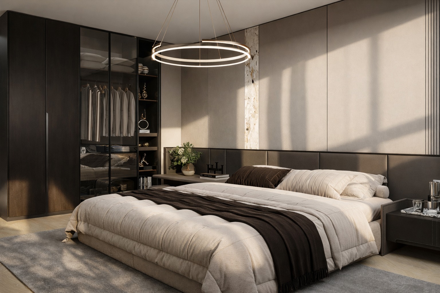 Nowoczesna sypialnia z dużym łóżkiem, ciemną szafą z przeszklonymi drzwiami i okrągłą lampą wiszącą. Stonowana kolorystyka, elegancki minimalizm.