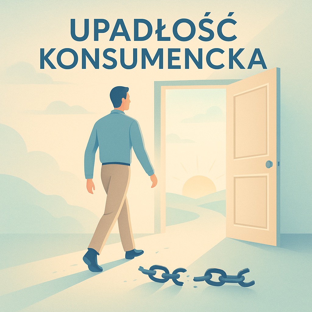 Grafika: Mężczyzna wchodzący przez drzwi do światła, zerwany łańcuch, napis 'Upadłość Konsumencka'. Symbolika wyjścia z trudnej sytuacji finansowej.