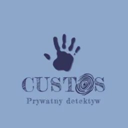 Logo firmy detektywistycznej CUSTOS z odciskiem palca w literze O i stylizowaną dłonią powyżej, napis 'Prywatny detektyw' pod nazwą firmy, na niebieskim tle.