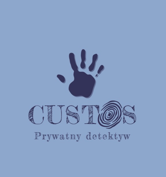 Logo firmy detektywistycznej CUSTOS z odciskiem palca w literze O i stylizowaną dłonią powyżej, napis 'Prywatny detektyw' pod nazwą firmy, na niebieskim tle.
