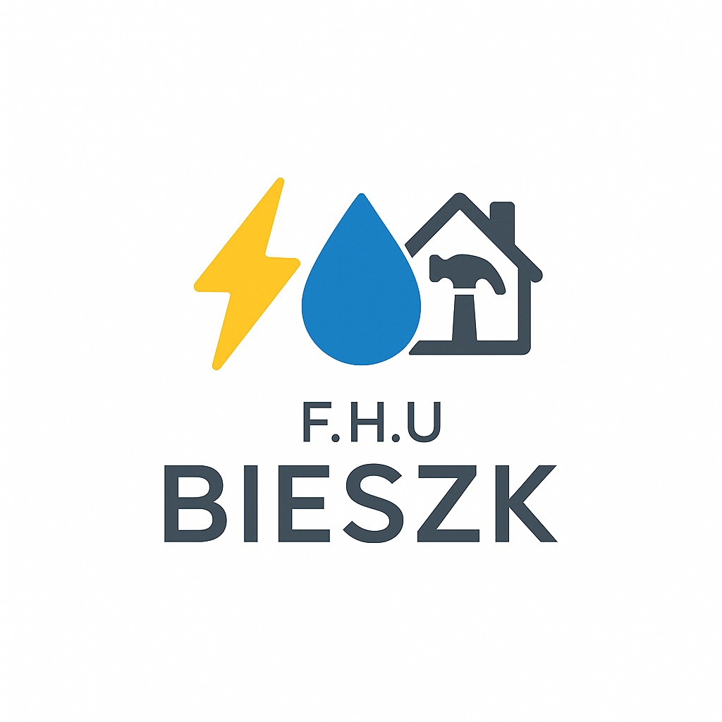 Logo firmy F.H.U. BIESZK z ikonami: błyskawica, kropla wody i dom z młotkiem. Symbolizuje usługi elektryczne, hydrauliczne i remontowe.