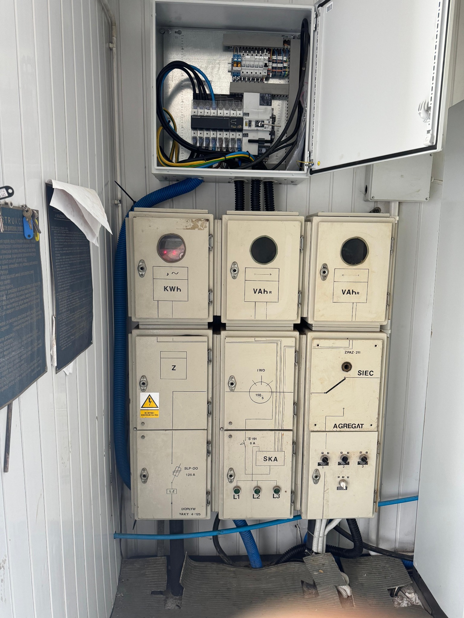 Rozdzielnia elektryczna z otwartą szafką, widoczne liczniki energii (kWh, VAh), zabezpieczenia i schematy. Instalacja wewnątrz pomieszczenia z białymi ścianami.