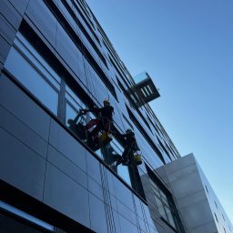 URBAN ALPSERWIS SPÓŁKA Z OGRANICZONĄ ODPOWIEDZIALNOŚCIĄ - Dwóch alpinistów na linach, myjących szklaną fasadę nowoczesnego biurowca, widok z dołu w słoneczny dzień.