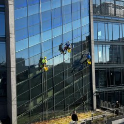 URBAN ALPSERWIS SPÓŁKA Z OGRANICZONĄ ODPOWIEDZIALNOŚCIĄ - Trzech alpinistów na linach czyści szklaną fasadę biurowca, widok z góry na taras z zielenią i obserwującą osobę.