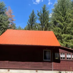 Czerwony, blaszany dach na ciemnobrązowym, drewnianym domu jednorodzinnym, otoczonym zielonymi drzewami i błękitnym niebem z chmurami. Widok z poziomu gruntu.