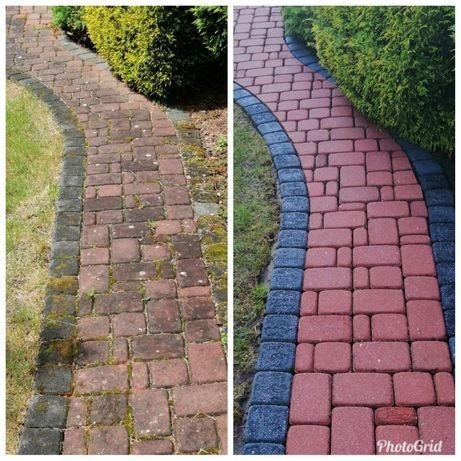 Efekt mycia kostki brukowej: po lewej stronie widoczna zabrudzona kostka, po prawej czysta, czerwona kostka brukowa z ciemnymi obrzeżami.