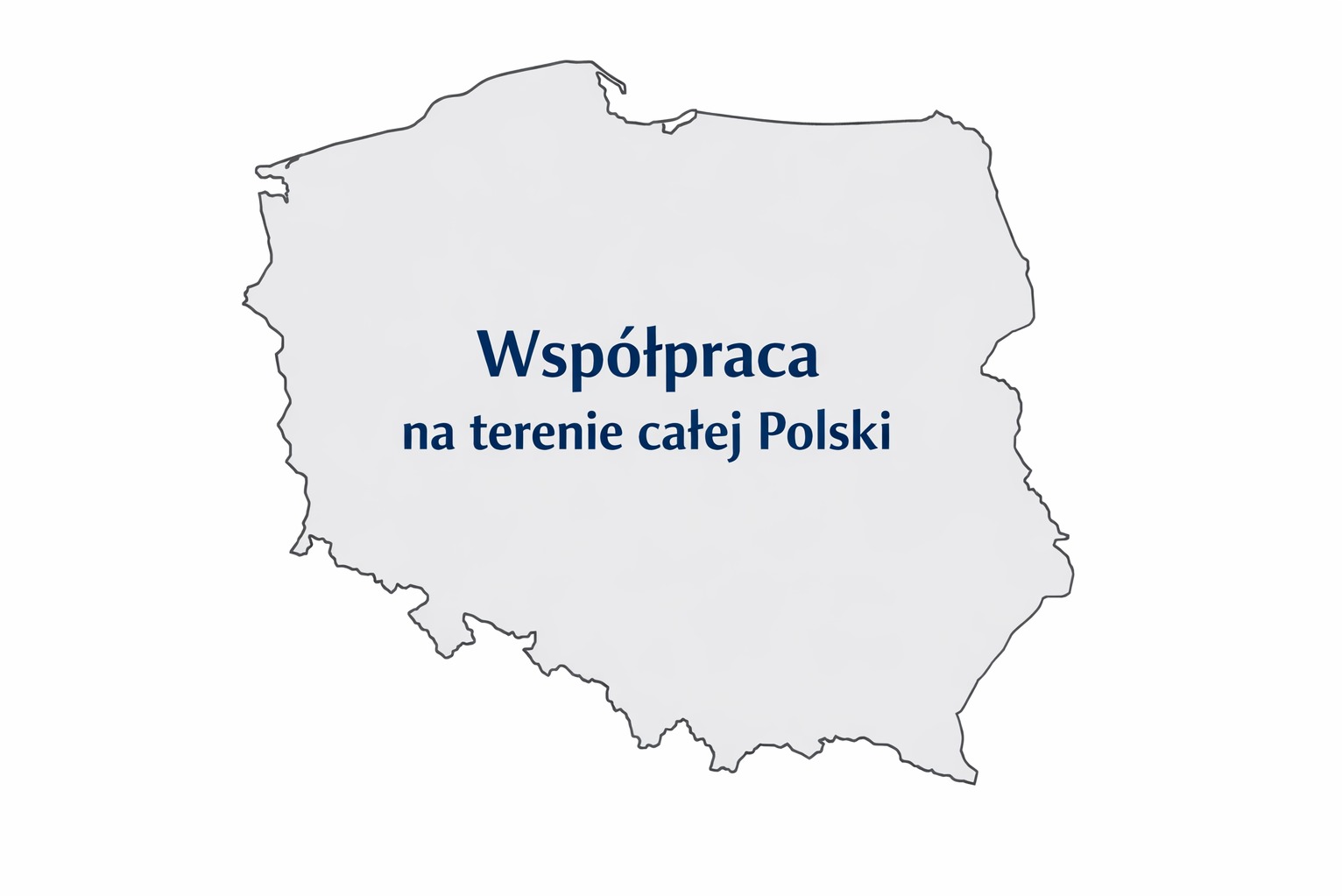 Mapa Polski z napisem 'Współpraca na terenie całej Polski' w kolorze granatowym, na białym tle. Grafika informacyjna o zasięgu działania firmy.