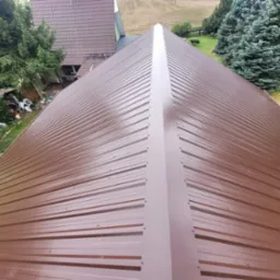 Nowe, brązowe pokrycie dachowe z blachy trapezowej, widok z góry na dom w otoczeniu zieleni.