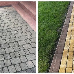 Zielony Tulipan - Porównanie kostki brukowej: szara kostka przy schodach wejściowych do domu i żółta kostka z brązowym obrzeżem obok trawnika.