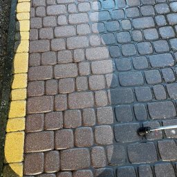 Zielony Tulipan - Częściowo wyczyszczona kostka brukowa z widoczną różnicą w kolorze, po lewej stronie żółta obwódka, woda na powierzchni kostki, lanca myjąca w prawym dolnym rogu.