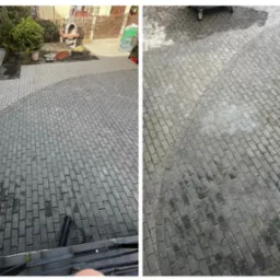 Por&oacute;wnanie stanu kostki brukowej przed i po zabiegu czyszczenia, widoczne r&oacute;żnice w kolorze i usunięte zabrudzenia.