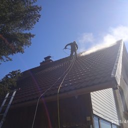 Zielony Tulipan - Pracownik w kombinezonie spryskuje dach z brązowej dachówki strumieniem wody pod ciśnieniem, widoczny komin i drabina oparta o budynek, błękitne niebo w tle.