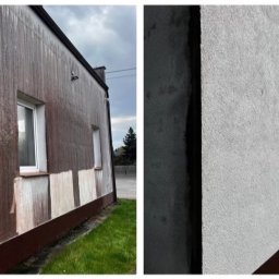 Zielony Tulipan - Porównanie elewacji budynku przed i po czyszczeniu, widoczne różnice w kolorze i usunięciu zabrudzeń, z bliska ukazane fragmenty ściany z oknami.