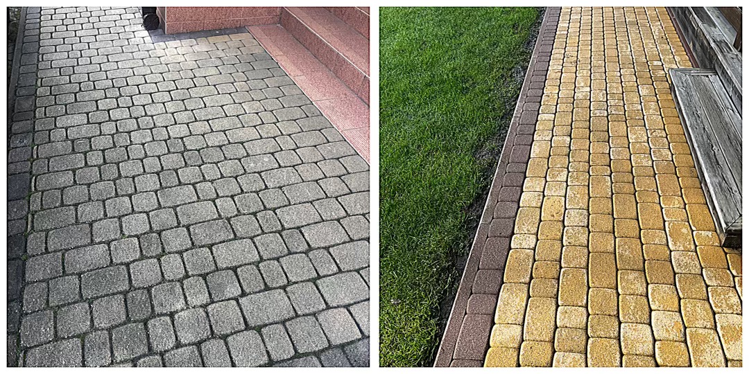 Porównanie kostki brukowej: szara kostka przy schodach wejściowych do domu i żółta kostka z brązowym obrzeżem obok trawnika.