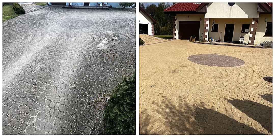 Porównanie wizualne: kostka brukowa przed i po czyszczeniu, widoczna różnica w kolorze i usunięte zabrudzenia przy domu z garażem.