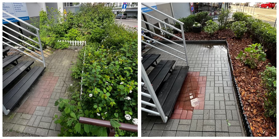Porównanie kostki brukowej przed i po: zarośnięta roślinnością i czysta, mokra po umyciu, z widocznymi schodami wejściowymi.