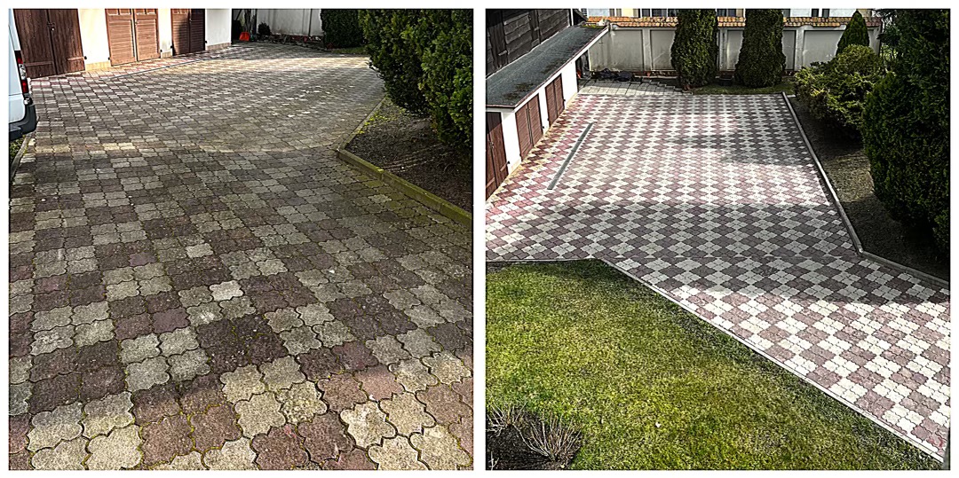 Porównanie kostki brukowej przed i po czyszczeniu: po lewej stronie zabrudzona, po prawej czysta, wzór szachownicy z czerwono-szarych kostek.