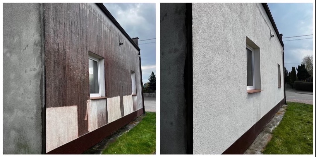 Porównanie elewacji budynku przed i po czyszczeniu, widoczne różnice w kolorze i usunięciu zabrudzeń, z bliska ukazane fragmenty ściany z oknami.