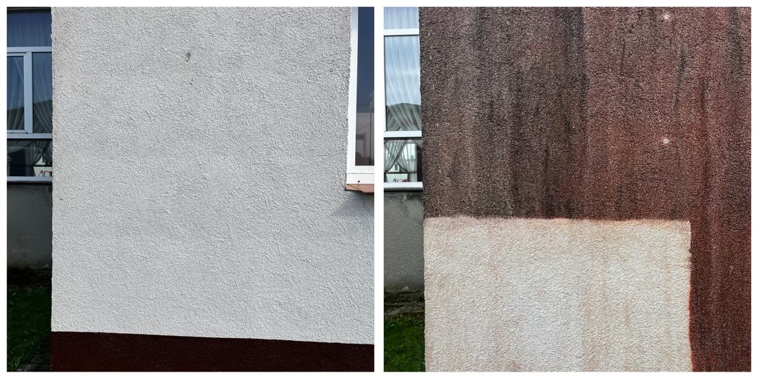 Fragment elewacji budynku przed i po zabiegu czyszczenia, ukazujący wyraźną różnicę w kolorze i usunięcie zabrudzeń, z widocznym oknem i fragmentem trawnika.