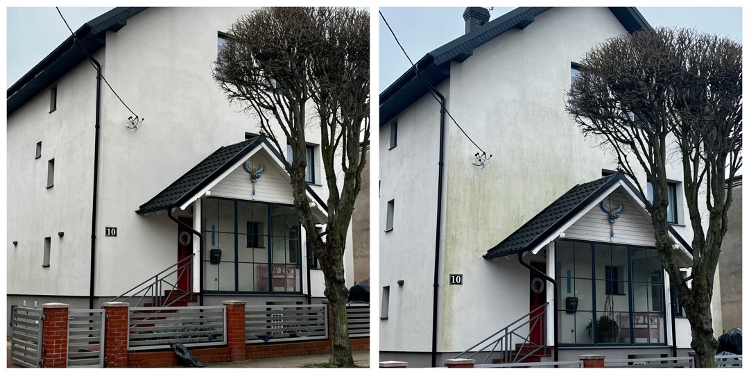 Porównanie elewacji domu przed i po czyszczeniu, widoczne różnice w zabrudzeniach na ścianie, numer domu '10' oraz dekoracja orła nad wejściem.
