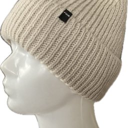 PPHU FUS - Beżowa wełniana czapka z podwinięciem i czarną metką marki, prezentowana na białym manekinie z profilu.