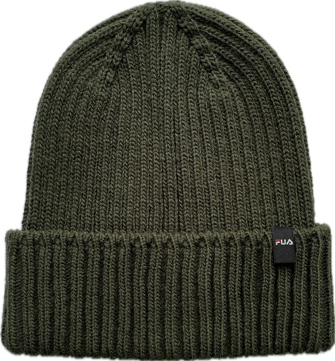 Dzianinowa czapka w kolorze khaki z subtelnym logo marki na czarnej metce.