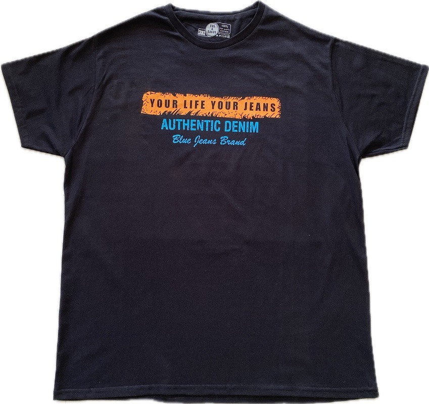 Czarny T-shirt z nadrukiem 'YOUR LIFE YOUR JEANS AUTHENTIC DENIM Blue Jeans Brand' w kolorach pomarańczowym i niebieskim.