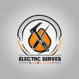 Logo firmy elektrycznej: skrzyżowane kombinerki i śrubokręt na pomarańczowym tle, otoczone okręgiem z napisem 'ELECTRC SERVES E SERVICE'.