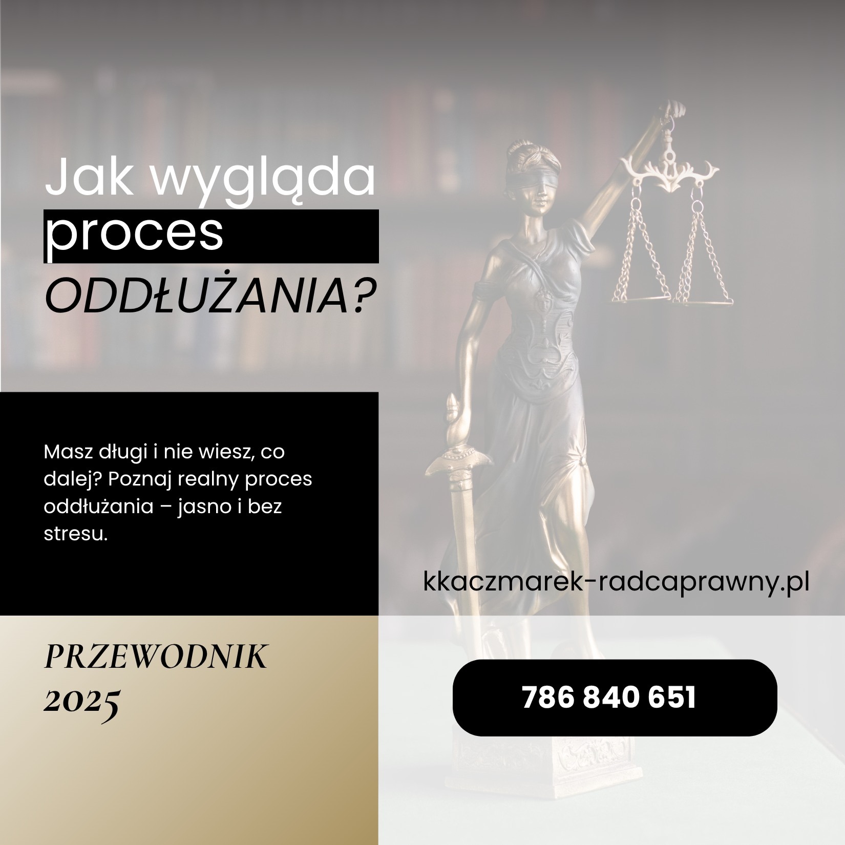 Grafika: Statuetka Temidy z wagą i mieczem, hasło 'Jak wygląda proces oddłużania?', adres strony kkaczmarek-radcaprawny.pl i numer telefonu. Przewodnik oddłużania 2025.