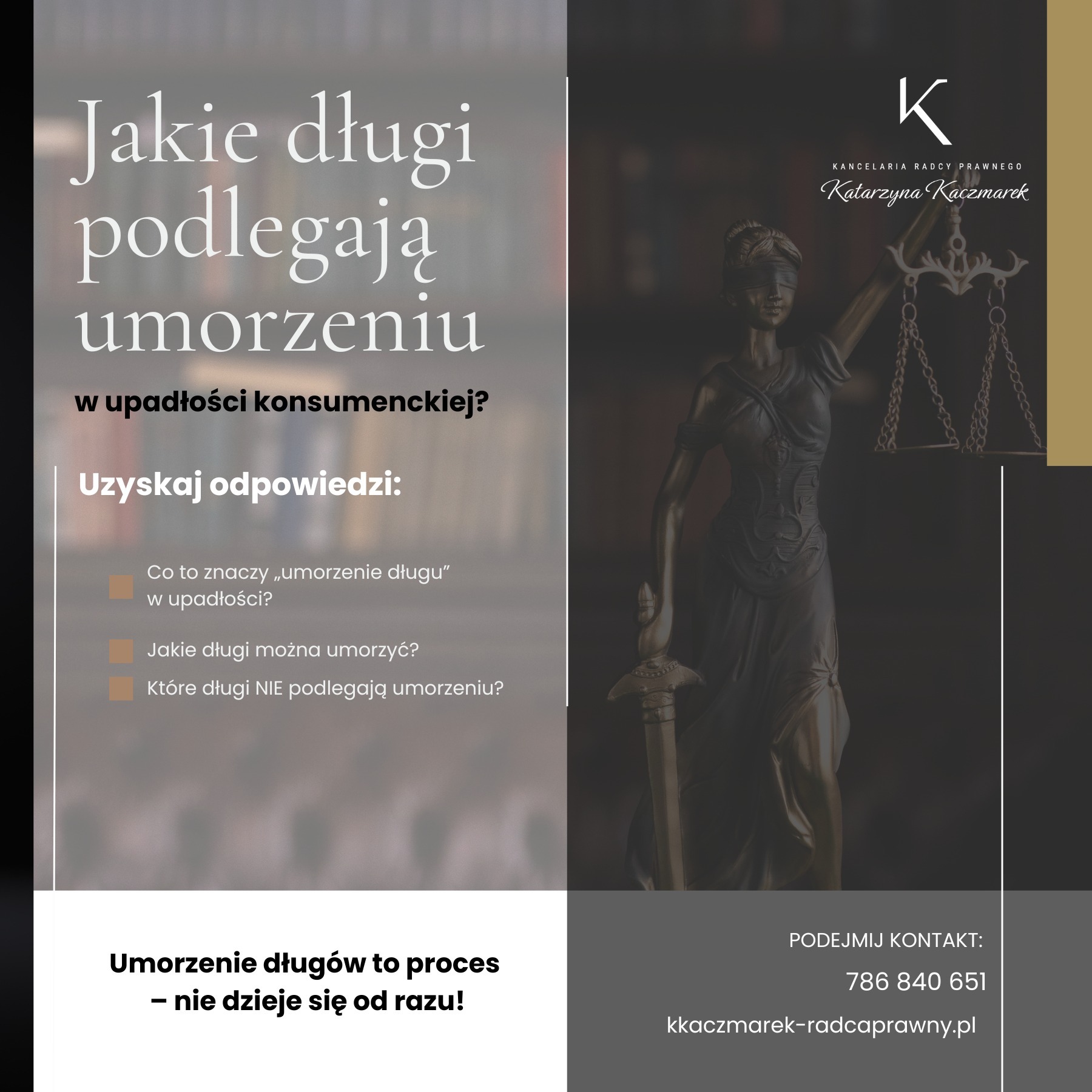 Grafika informacyjna: Pytanie o umorzenie długów w upadłości konsumenckiej, w tle Statua Sprawiedliwości i dane kontaktowe kancelarii radcy prawnego.