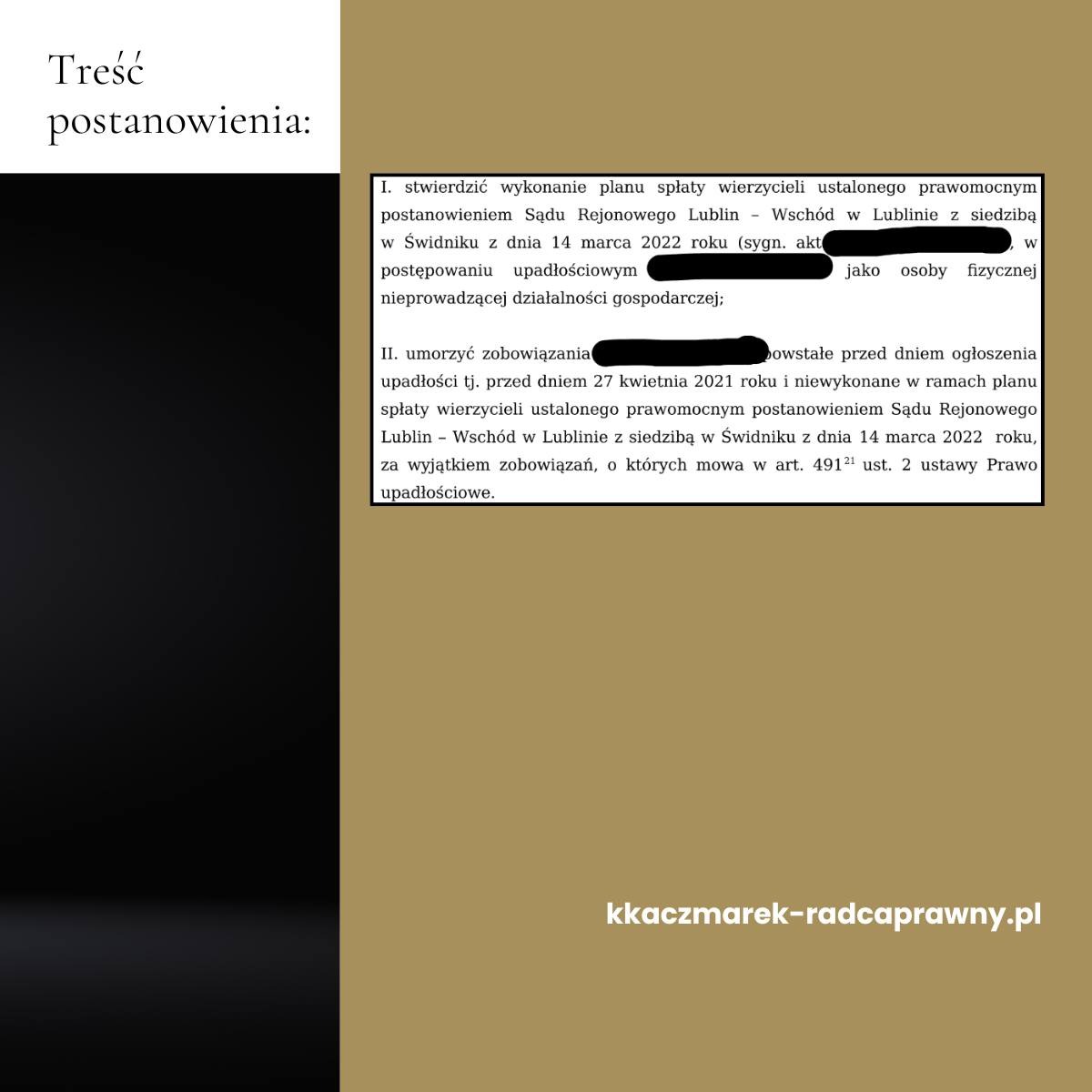 Fragment postanowienia sądu o umorzeniu zobowiązań w postępowaniu upadłościowym, z widocznym adresem strony internetowej kancelarii prawnej.