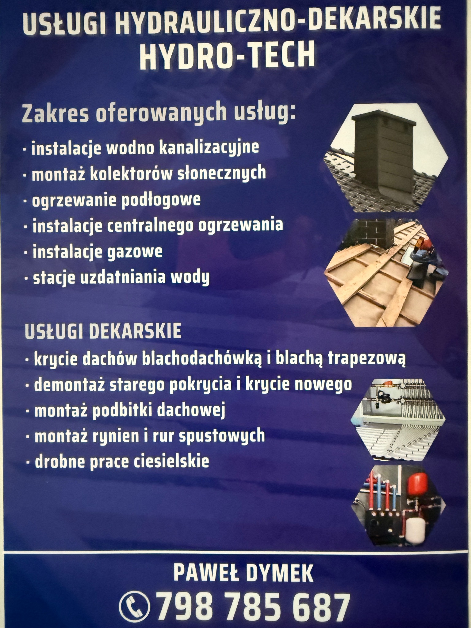 Plakat reklamowy firmy Hydro-Tech oferującej usługi hydrauliczno-dekarskie, z zakresem usług obejmującym instalacje wodno-kanalizacyjne, montaż kolektorów słonecznych, ogrzewanie podłogowe, krycie...